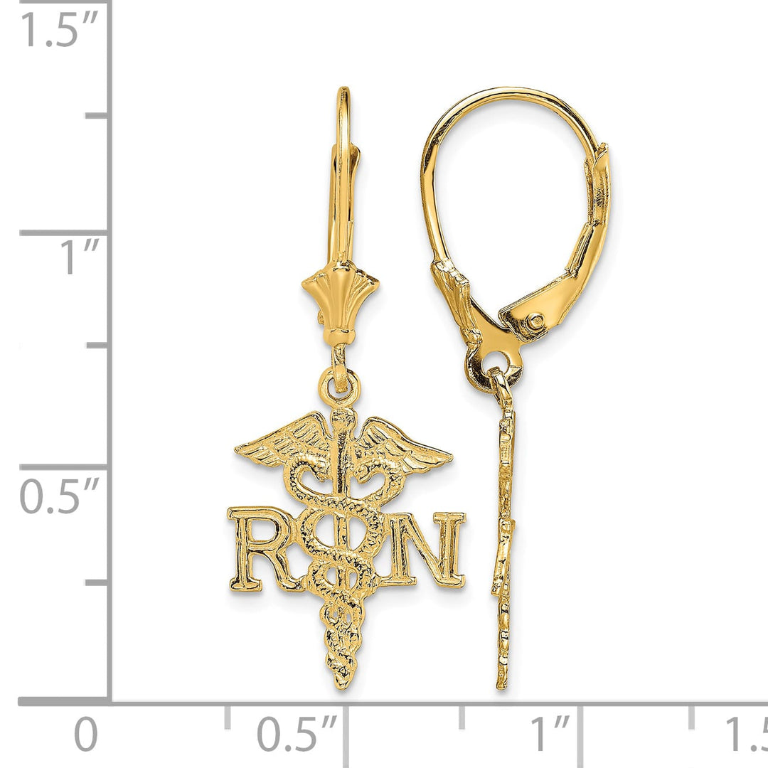 10k Yellow Gold RN Caduceus Dangle Leverback Earrings