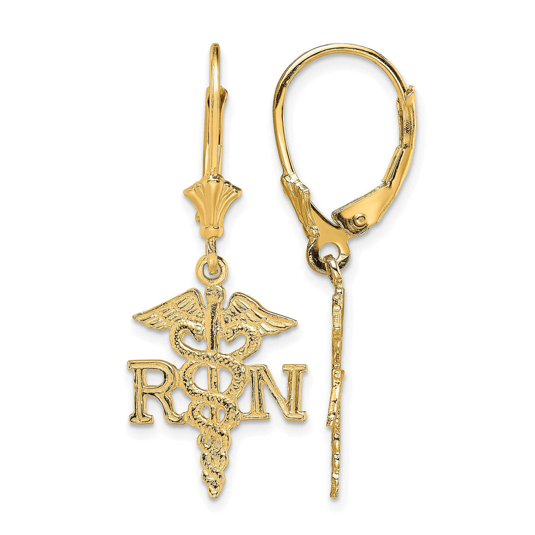 10k Yellow Gold RN Caduceus Dangle Leverback Earrings