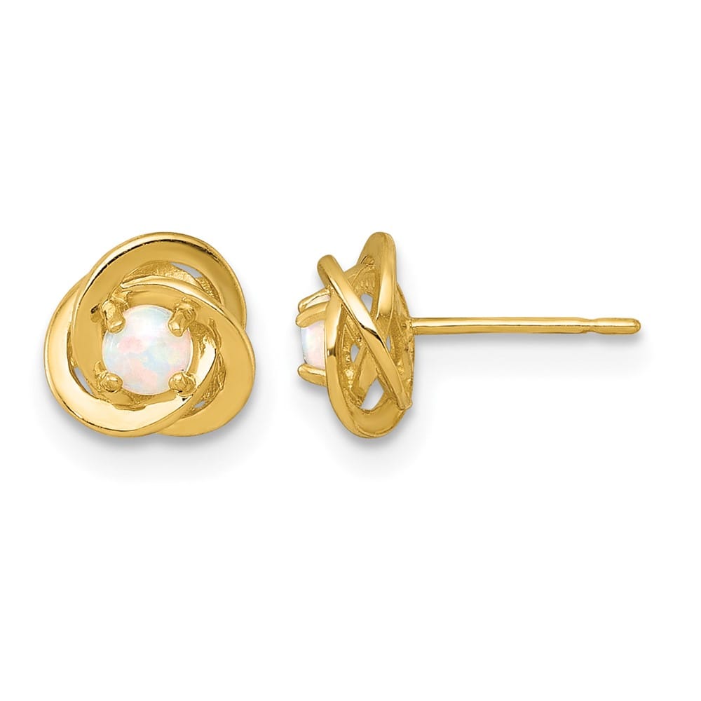 10K Yellow Gold Round Lab Created Opal in Love Knot Post Earrings, view 1 of 3