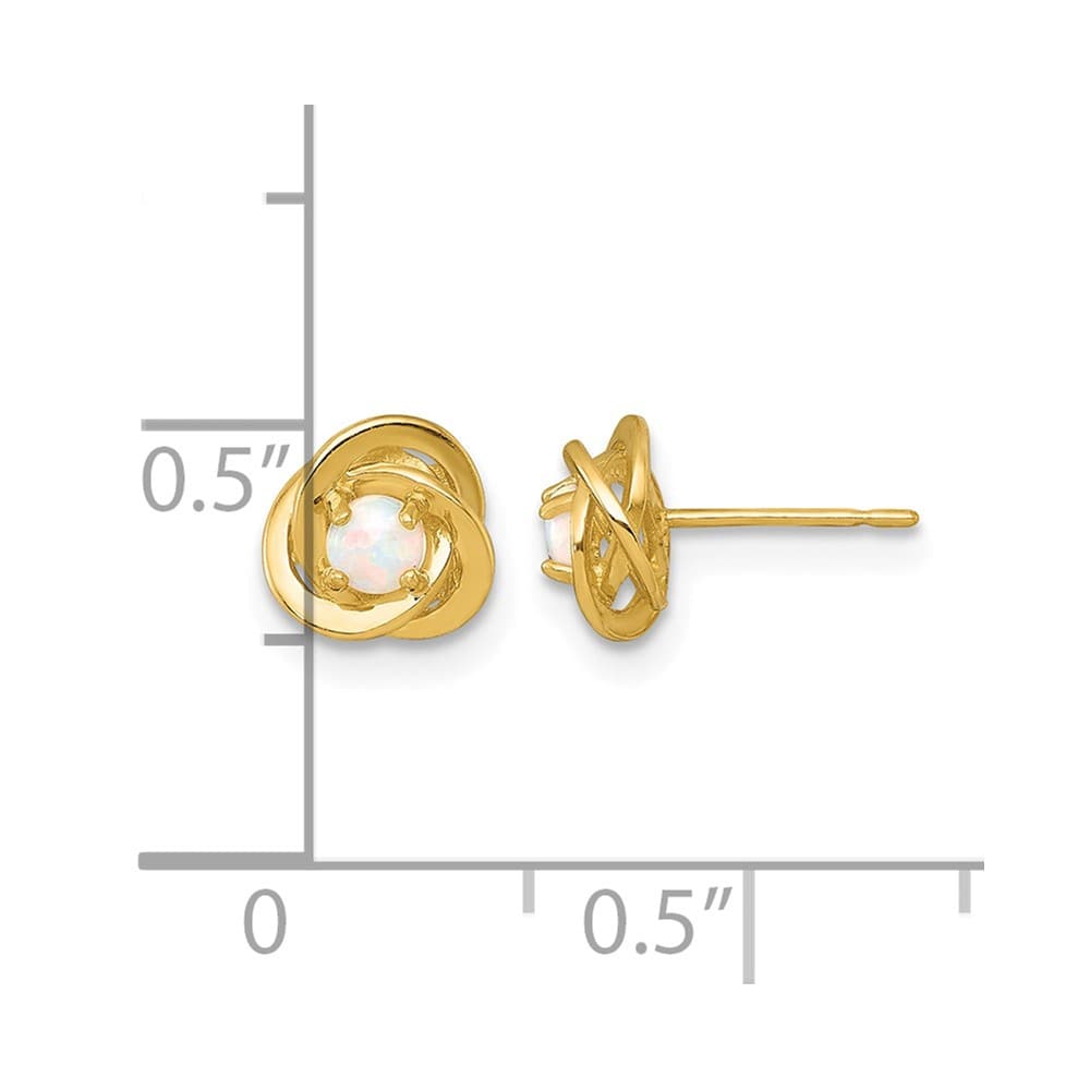 10K Yellow Gold Round Lab Created Opal in Love Knot Post Earrings, view 3 of 3