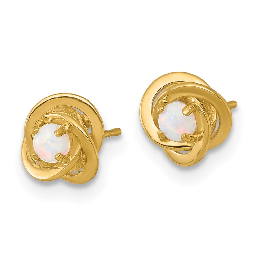 10K Yellow Gold Round Lab Created Opal in Love Knot Post Earrings, view 2 of 3