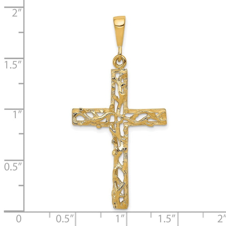 10K Yellow Gold Satin Polished Antiqued Extra Large Vine Cross Pendant
