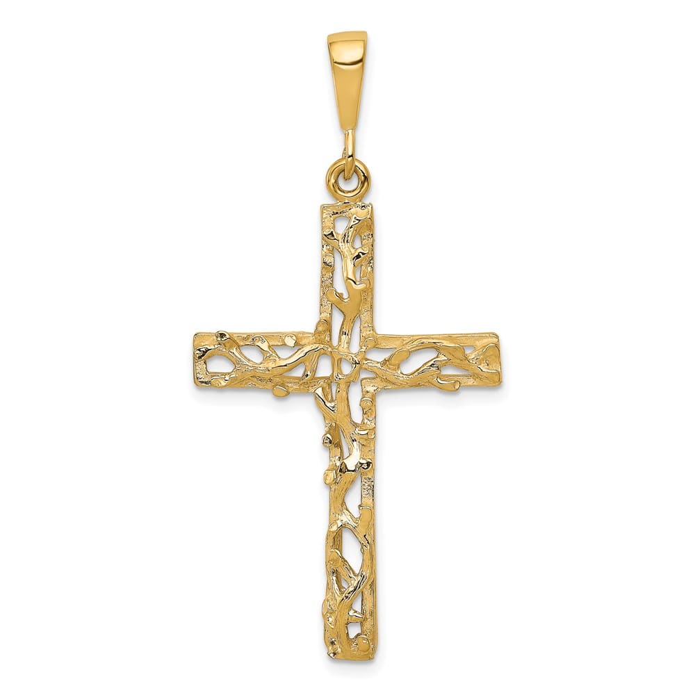 10K Yellow Gold Satin Polished Antiqued Extra Large Vine Cross Pendant