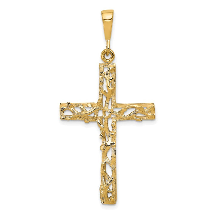 10K Yellow Gold Satin Polished Antiqued Extra Large Vine Cross Pendant