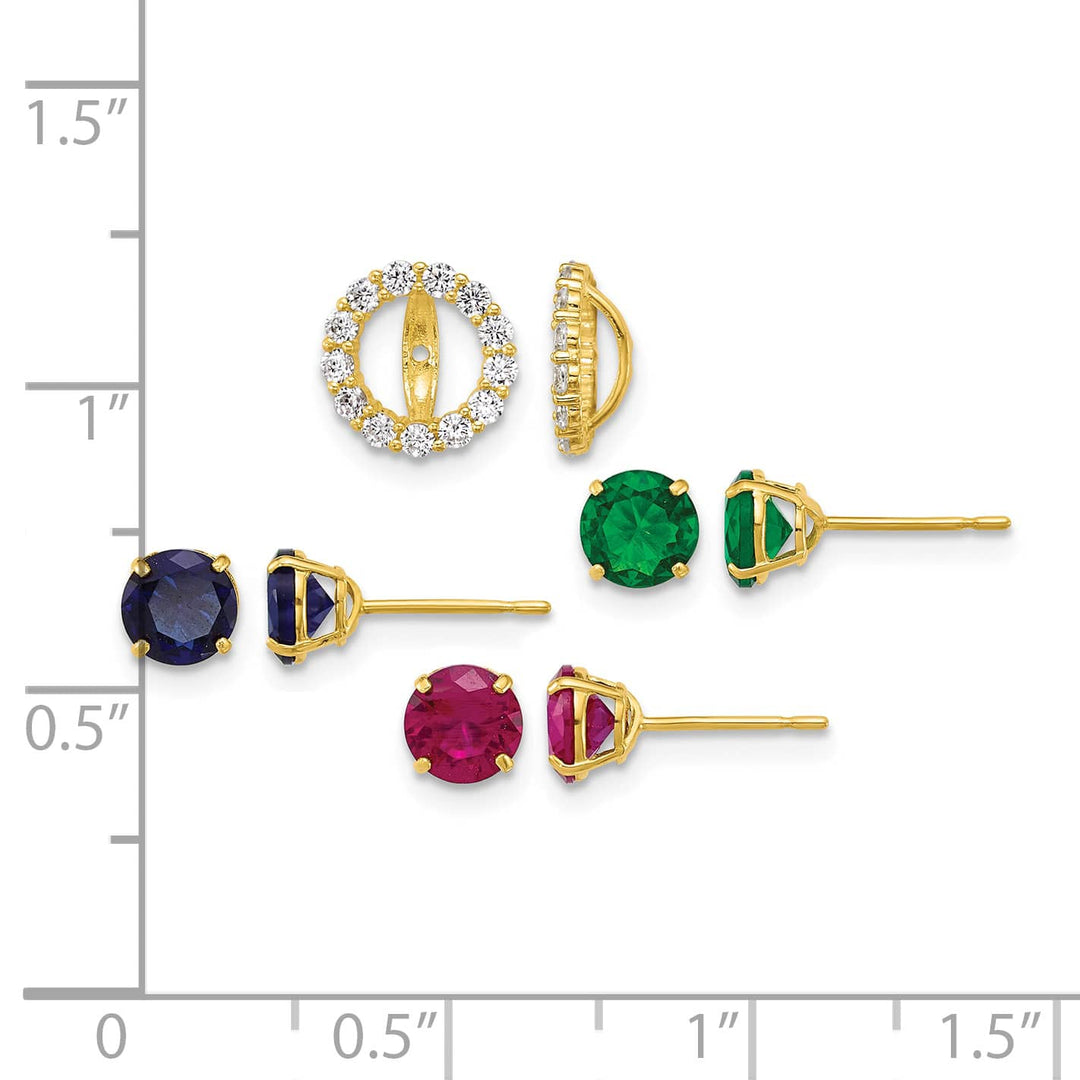 10k Yellow Gold Set of 3 Pair 5.00mm Red/Blue/Green Glass Stone Stud Post Earrings with CZ Halo Jackets