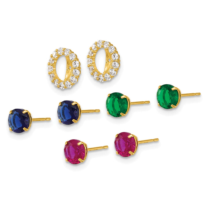 10k Yellow Gold Set of 3 Pair 5.00mm Red/Blue/Green Glass Stone Stud Post Earrings with CZ Halo Jackets