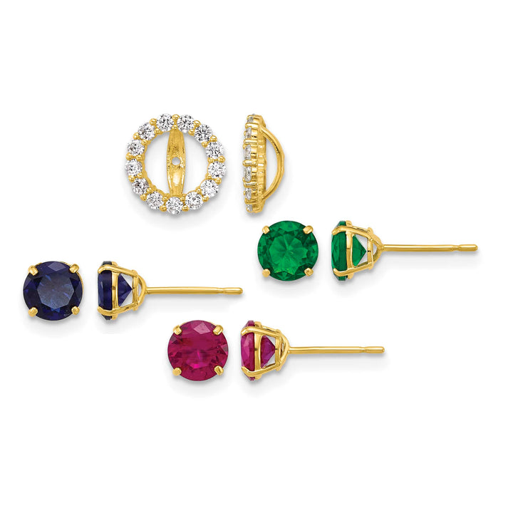 10k Yellow Gold Set of 3 Pair 5.00mm Red/Blue/Green Glass Stone Stud Post Earrings with CZ Halo Jackets
