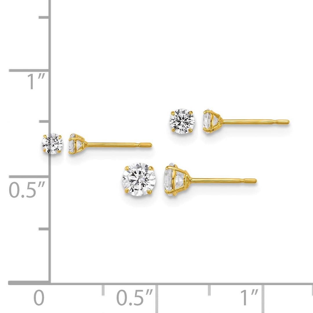 10k Yellow Gold Set of 3 Pair CZ Round 2.5mm/3.00mm/4.00mm Stud Post Earrings