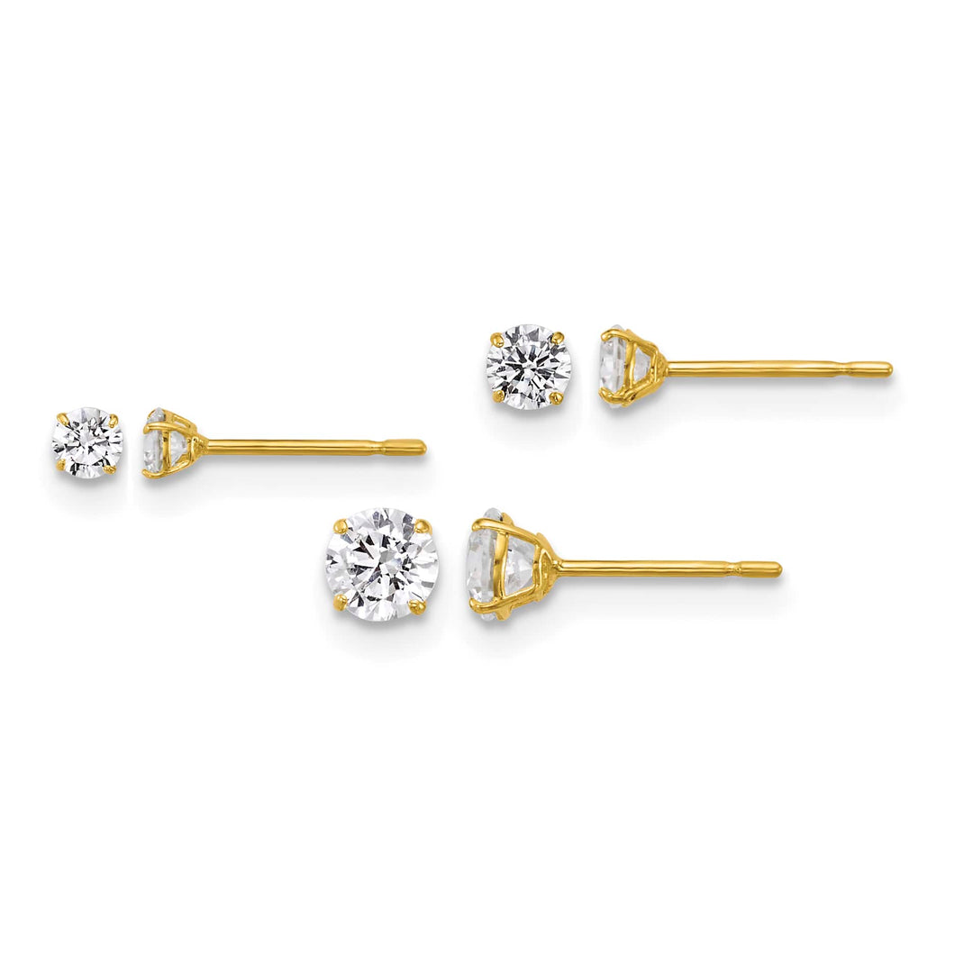 10k Yellow Gold Set of 3 Pair CZ Round 2.5mm/3.00mm/4.00mm Stud Post Earrings