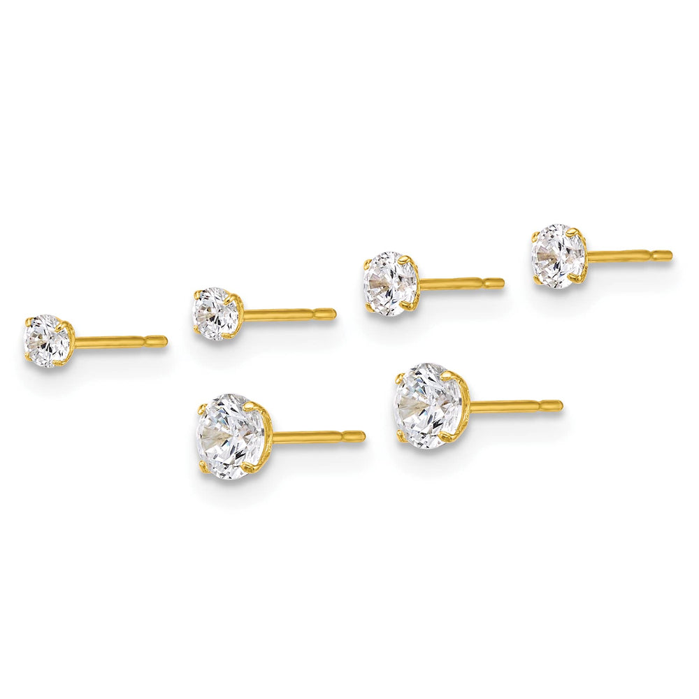 10k Yellow Gold Set of 3 Pair CZ Round 2.5mm/3.00mm/4.00mm Stud Post Earrings