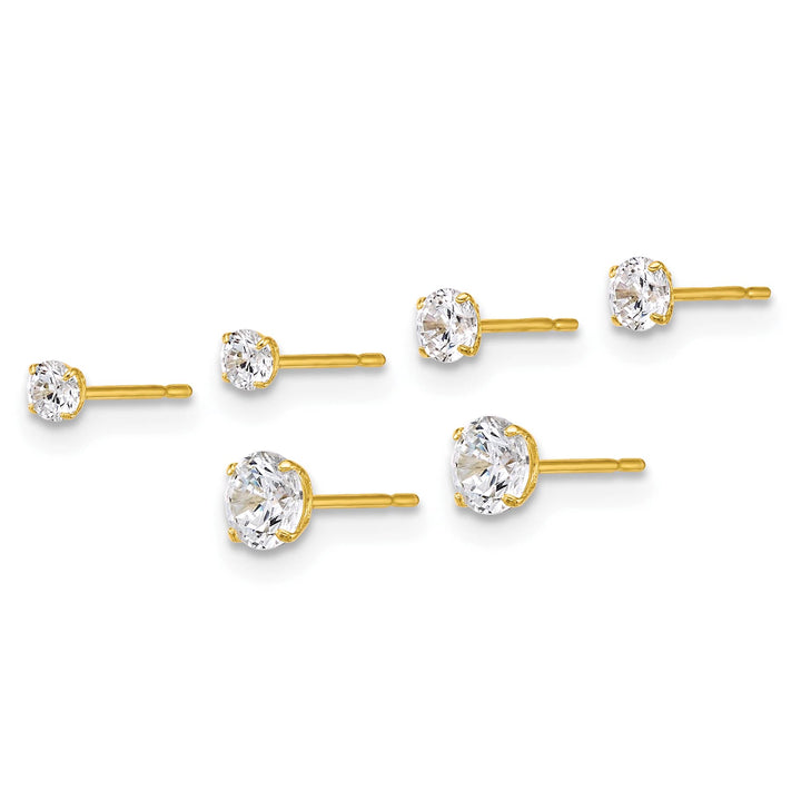 10k Yellow Gold Set of 3 Pair CZ Round 2.5mm/3.00mm/4.00mm Stud Post Earrings