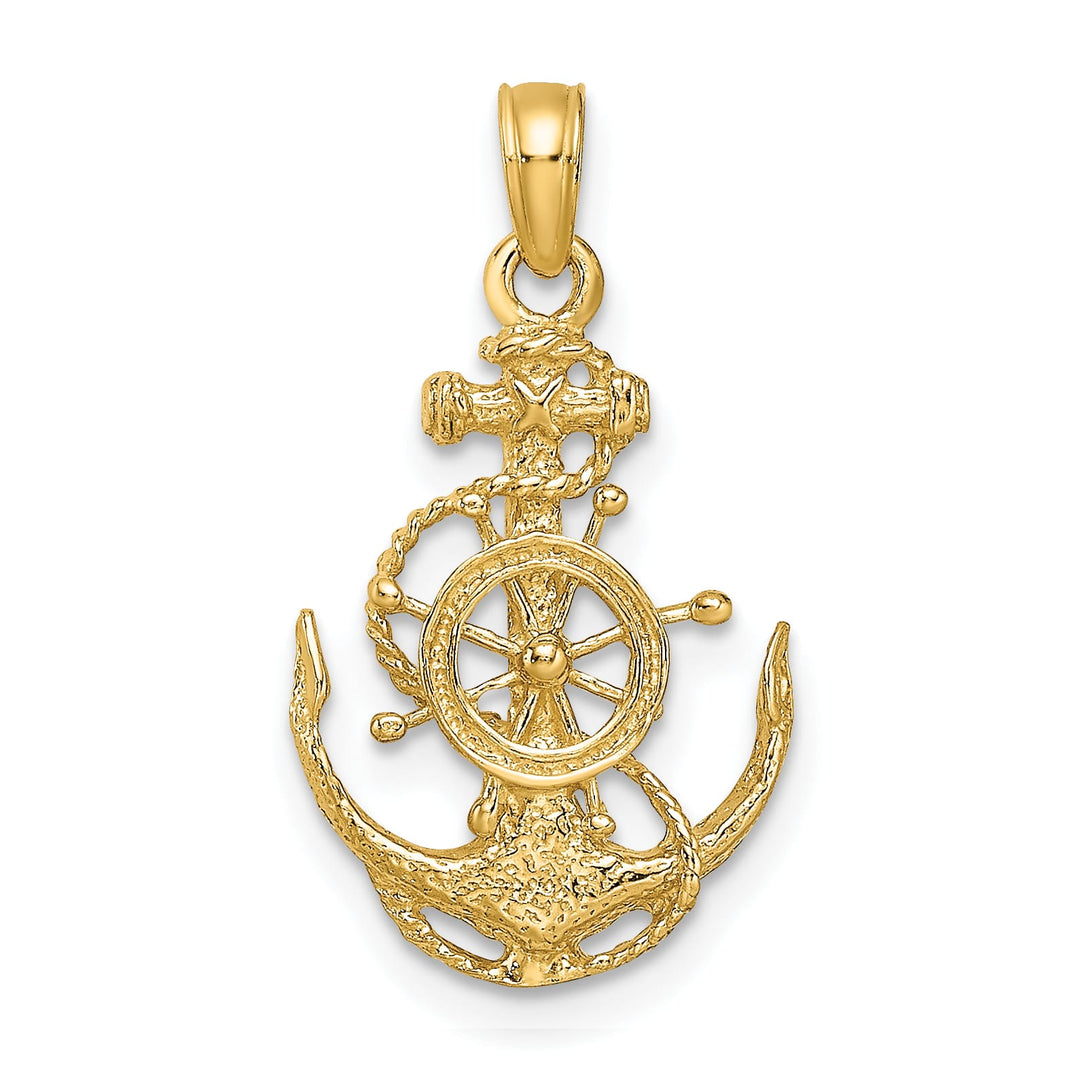 10K Yellow Gold Small Anchor with Ships Wheel and Rope Pendant