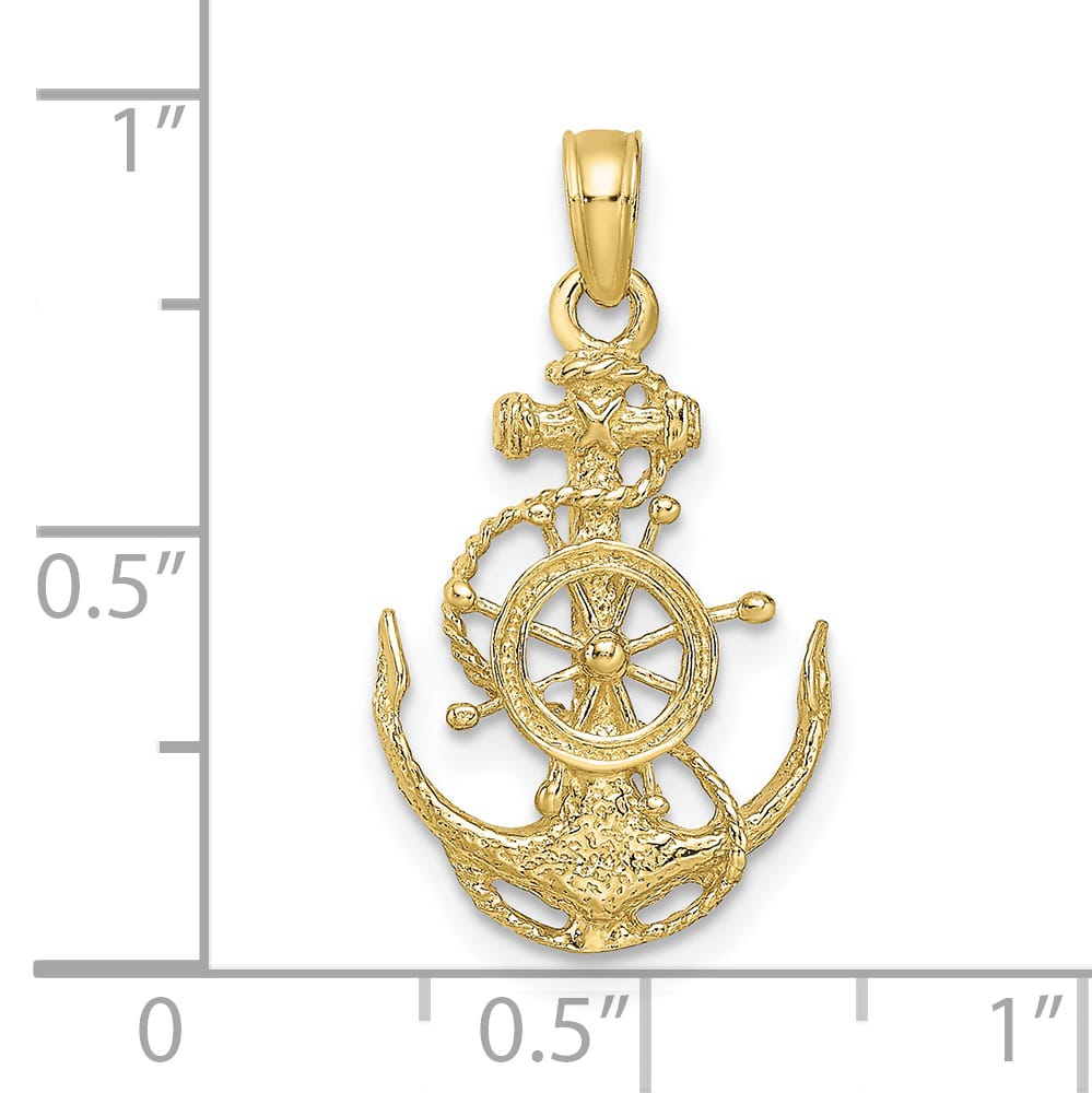 10K Yellow Gold Small Anchor with Ships Wheel and Rope Pendant
