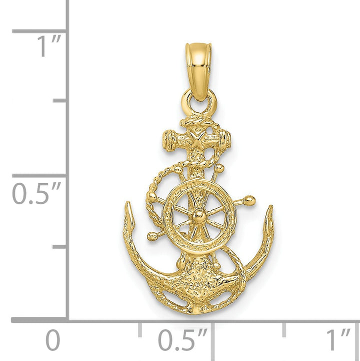 10K Yellow Gold Small Anchor with Ships Wheel and Rope Pendant