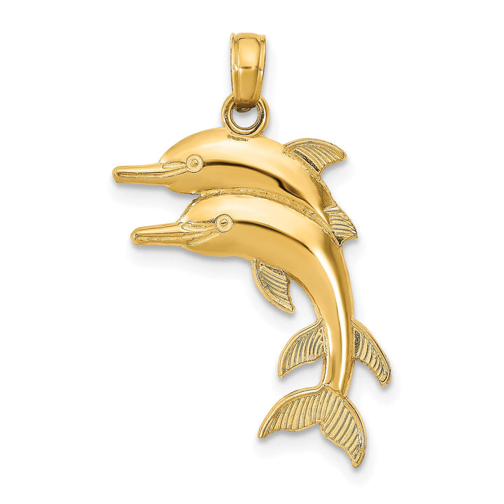 10K Yellow Gold Solid 2-D Two Jumping Dolphins Charm Pendant