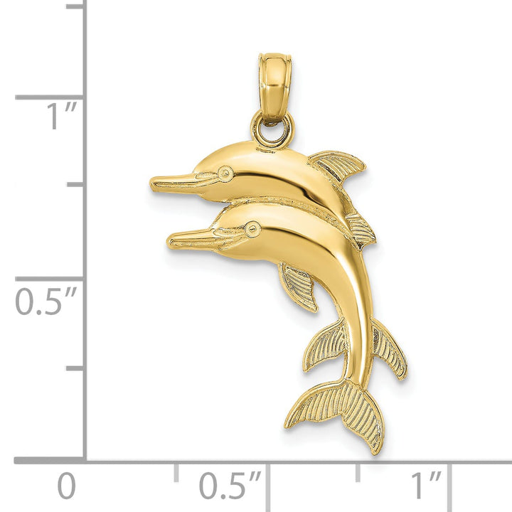 10K Yellow Gold Solid 2-D Two Jumping Dolphins Charm Pendant