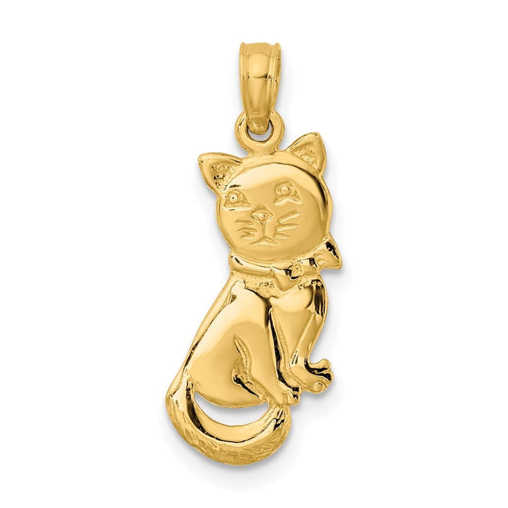 10K Yellow Gold Solid 3-D Polished Medium Sitting Cat with Bow Charm