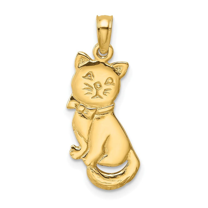 10K Yellow Gold Solid 3-D Polished Medium Sitting Cat with Bow Charm