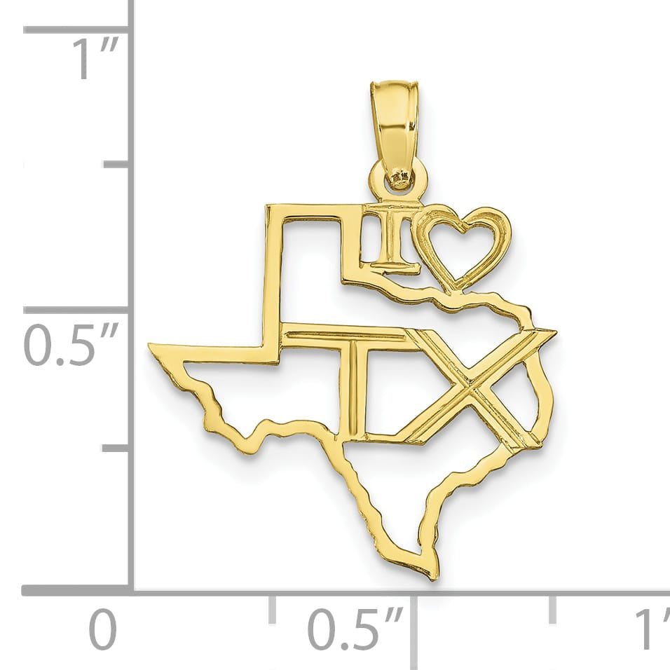 10K Yellow Gold Solid Cut-out I Heart TX Texas State Charm Pendant