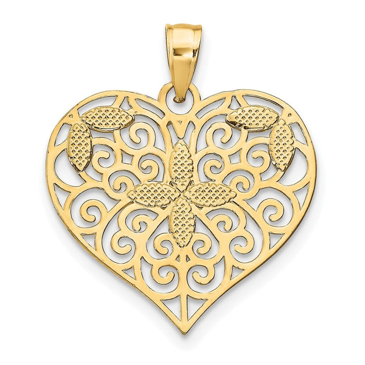10K Yellow Gold Solid Cut-Out Medium Filigree Flower and Heart Charm