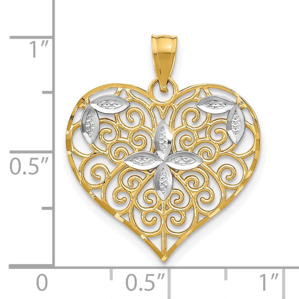 10K Yellow Gold Solid Cut-Out Medium Filigree Flower and Heart Charm