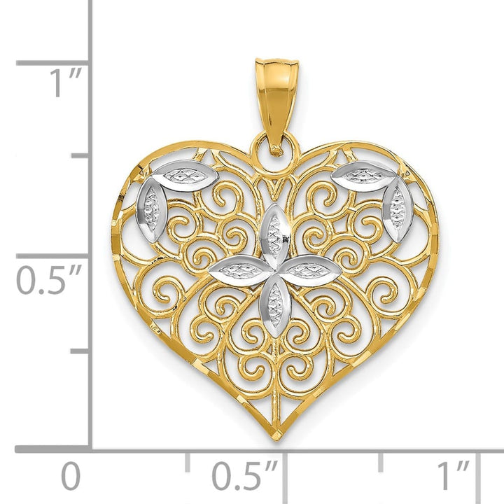 10K Yellow Gold Solid Cut-Out Medium Filigree Flower and Heart Charm
