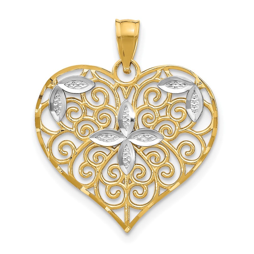 10K Yellow Gold Solid Cut-Out Medium Filigree Flower and Heart Charm