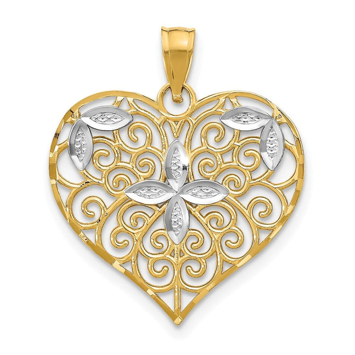10K Yellow Gold Solid Cut-Out Medium Filigree Flower and Heart Charm