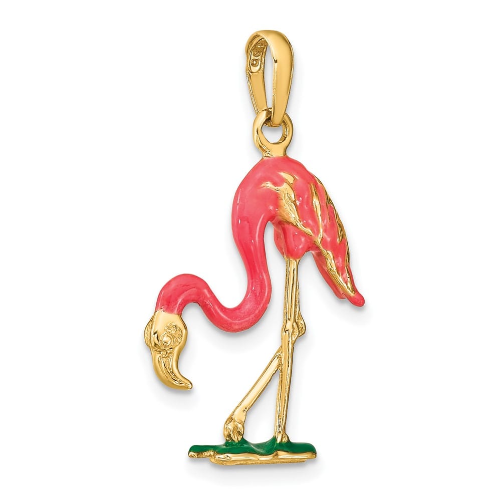 10K Yellow Gold Solid Enameled 3-D Large Pink Flamingo Pendant