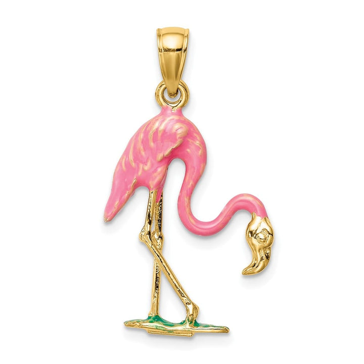 10K Yellow Gold Solid Enameled 3-D Large Pink Flamingo Pendant