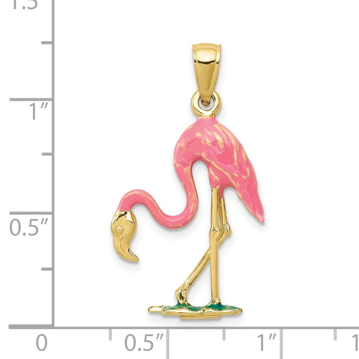 10K Yellow Gold Solid Enameled 3-D Large Pink Flamingo Pendant