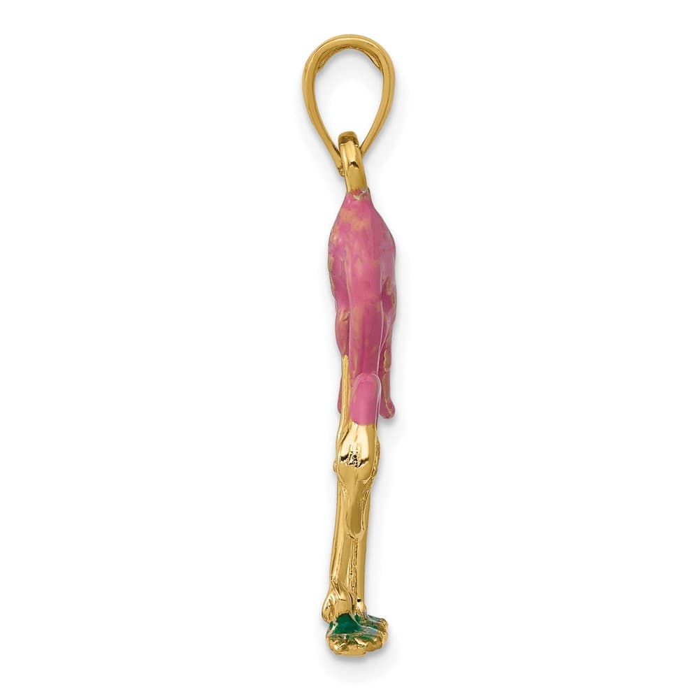 10K Yellow Gold Solid Enameled 3-D Large Pink Flamingo Pendant