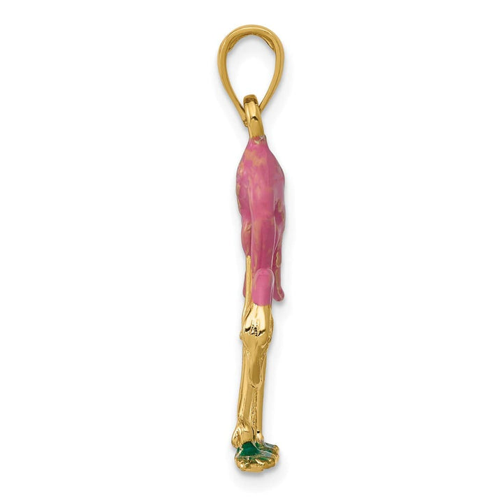 10K Yellow Gold Solid Enameled 3-D Large Pink Flamingo Pendant