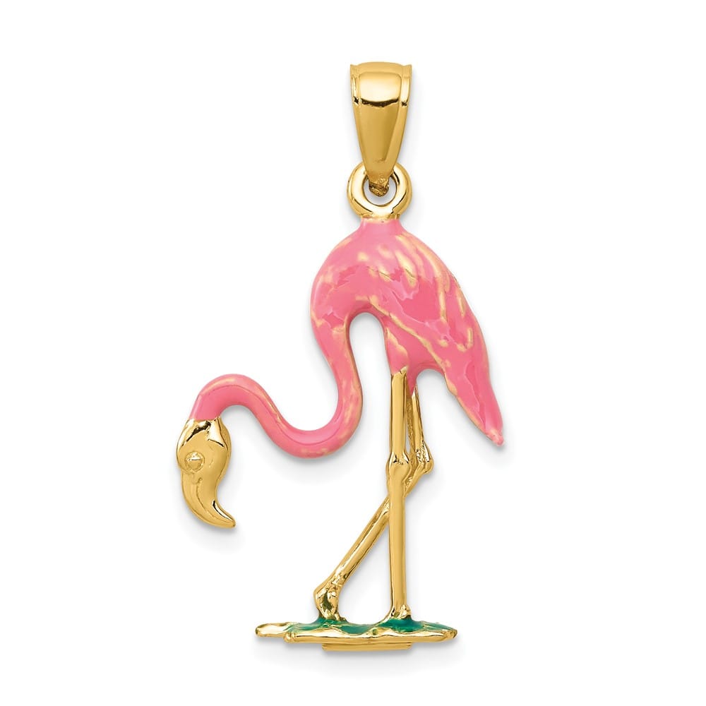 10K Yellow Gold Solid Enameled 3-D Large Pink Flamingo Pendant