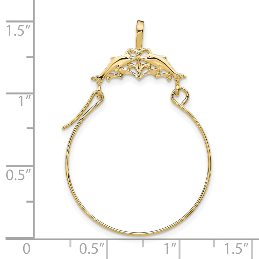10K Yellow Gold Solid Large Double Dolphins Charm Holder Pendant