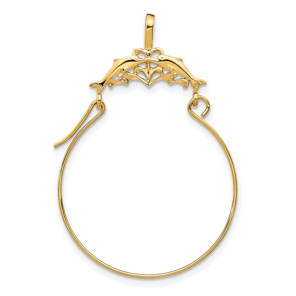 10K Yellow Gold Solid Large Double Dolphins Charm Holder Pendant