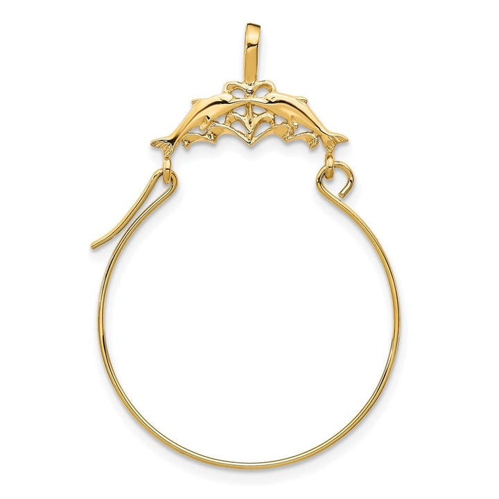 10K Yellow Gold Solid Large Double Dolphins Charm Holder Pendant