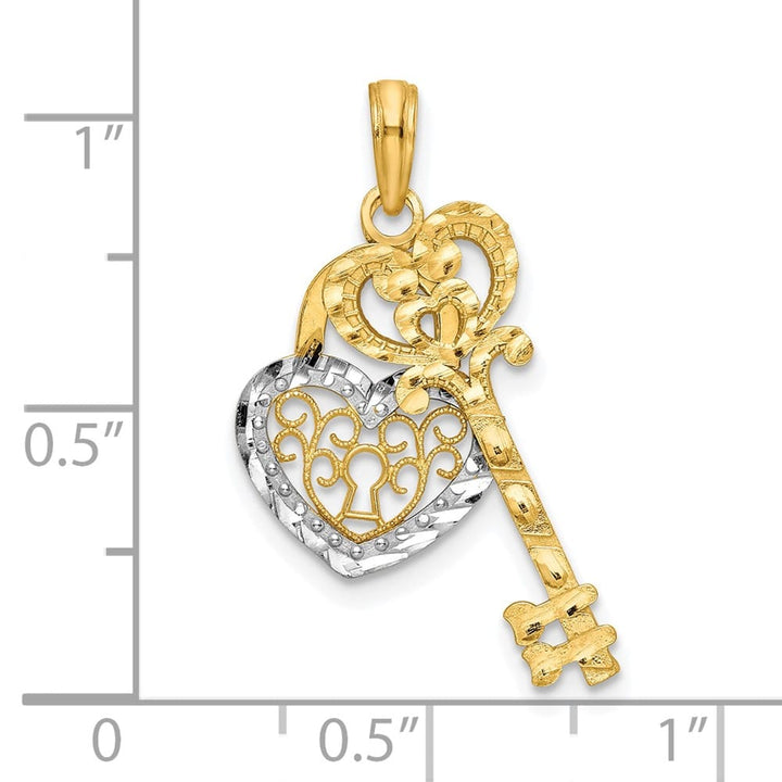 10K Yellow Gold Solid Large Filigree Heart Lock and Key Pendant