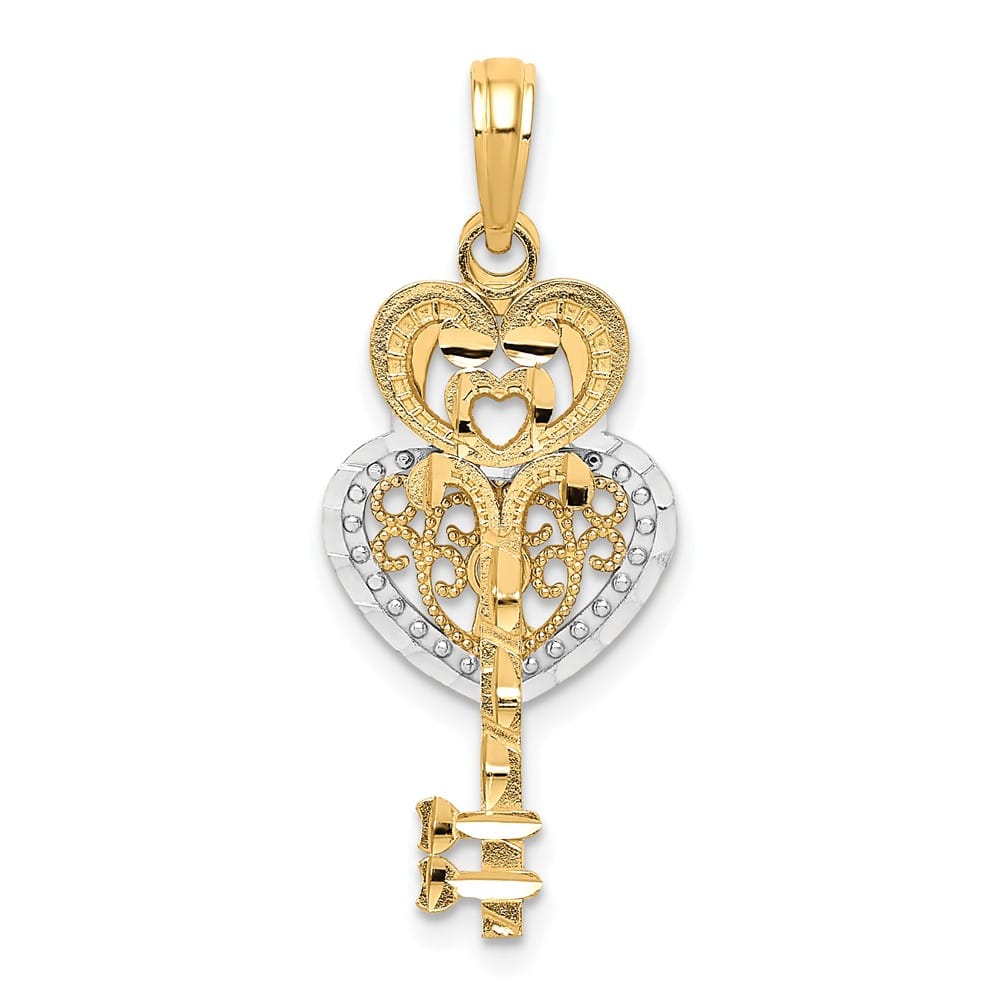 10K Yellow Gold Solid Large Filigree Heart Lock and Key Pendant