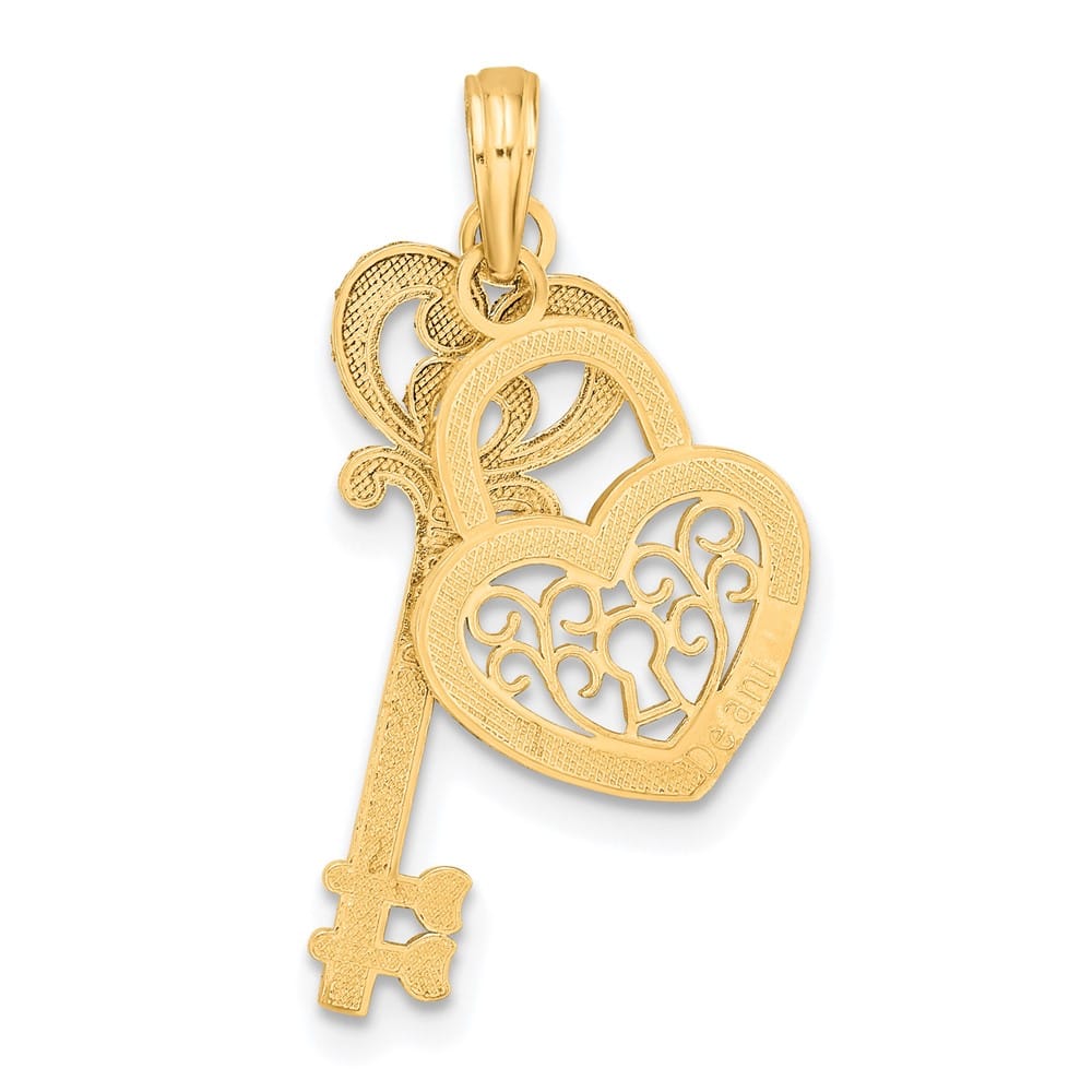 10K Yellow Gold Solid Large Filigree Heart Lock and Key Pendant