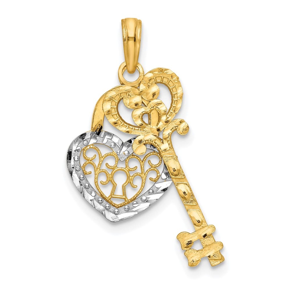 10K Yellow Gold Solid Large Filigree Heart Lock and Key Pendant