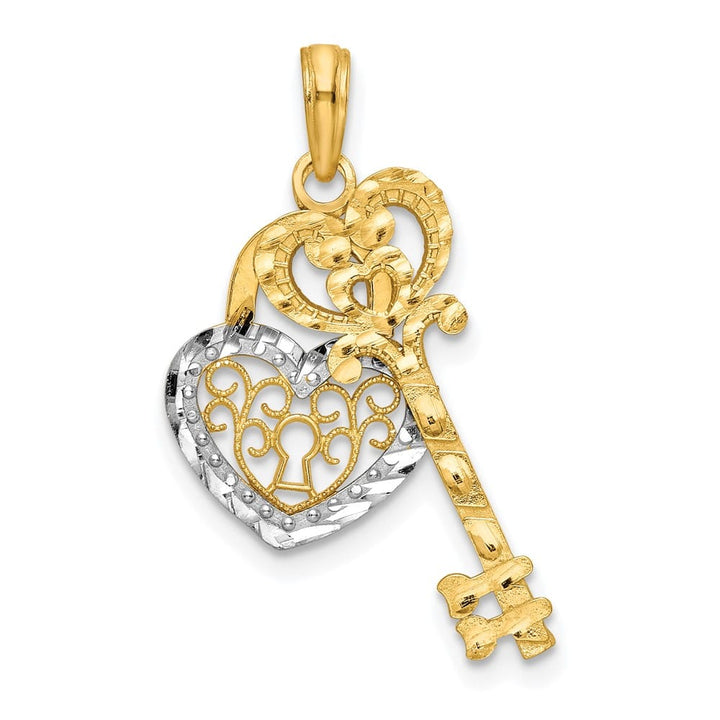 10K Yellow Gold Solid Large Filigree Heart Lock and Key Pendant