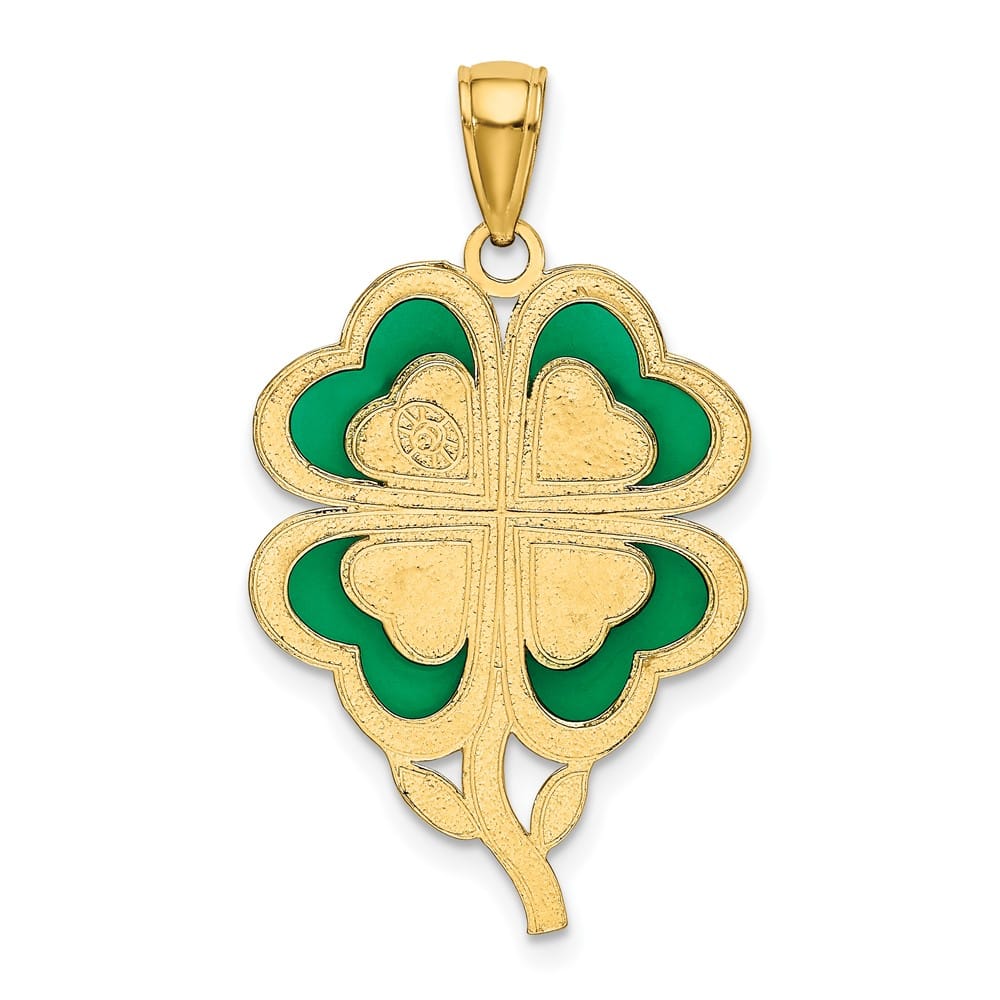 10K Yellow Gold Solid Large Green Enameled 4-Leaf Clover Pendant