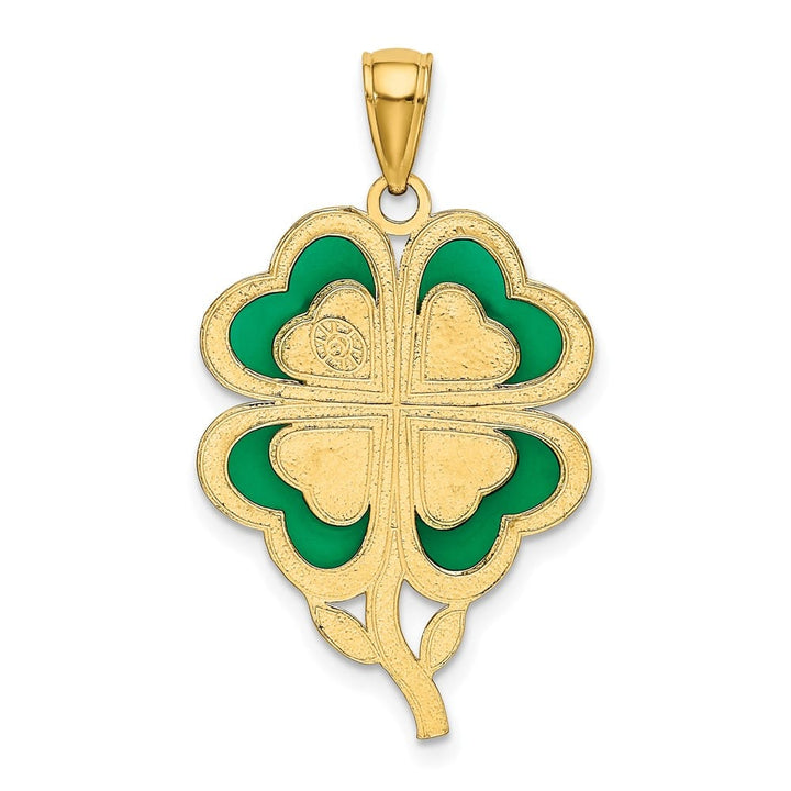10K Yellow Gold Solid Large Green Enameled 4-Leaf Clover Pendant