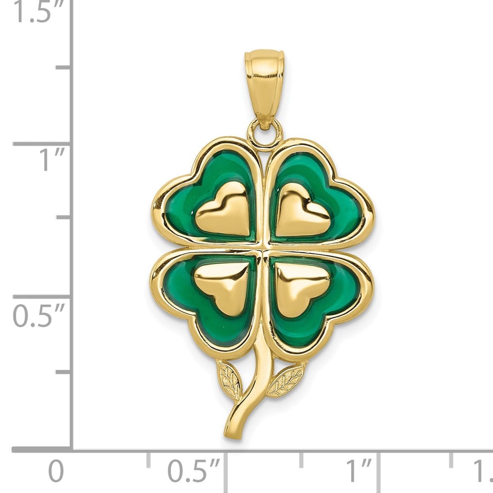 10K Yellow Gold Solid Large Green Enameled 4-Leaf Clover Pendant