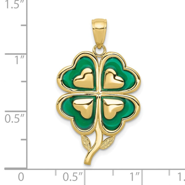 10K Yellow Gold Solid Large Green Enameled 4-Leaf Clover Pendant