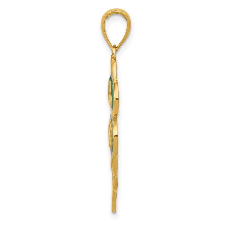 10K Yellow Gold Solid Large Green Enameled 4-Leaf Clover Pendant