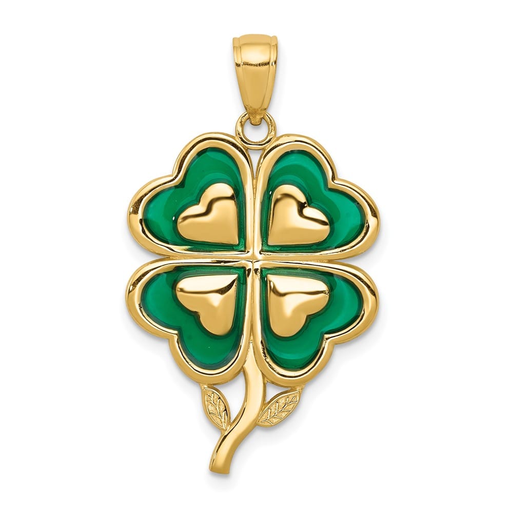 10K Yellow Gold Solid Large Green Enameled 4-Leaf Clover Pendant