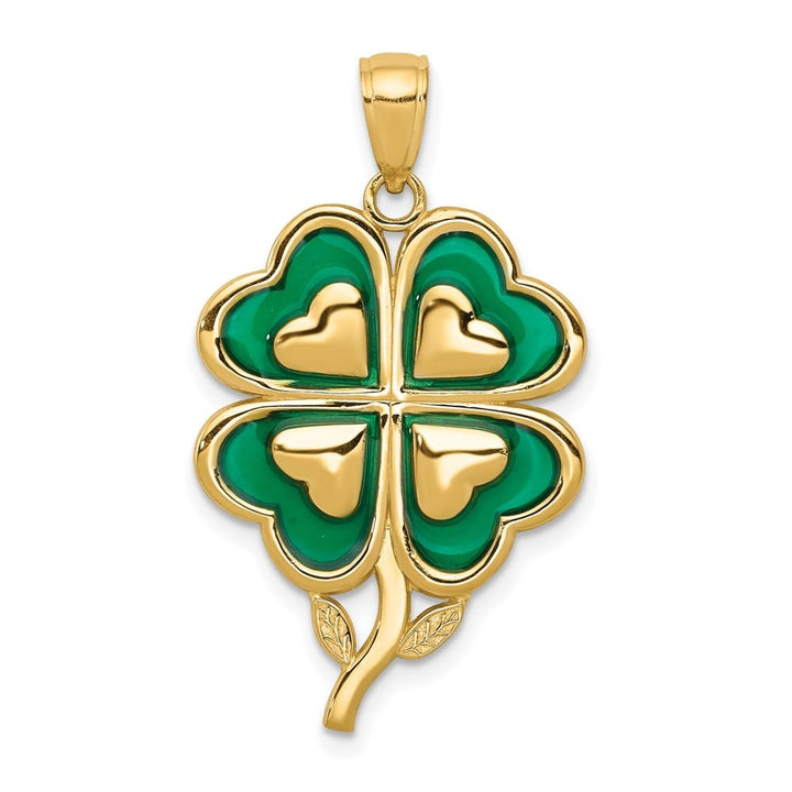 10K Yellow Gold Solid Large Green Enameled 4-Leaf Clover Pendant