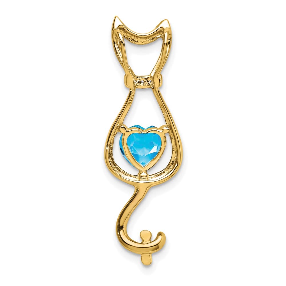 10K Yellow Gold Solid Large Heart Blue Topaz and Diamond Cat Pendant